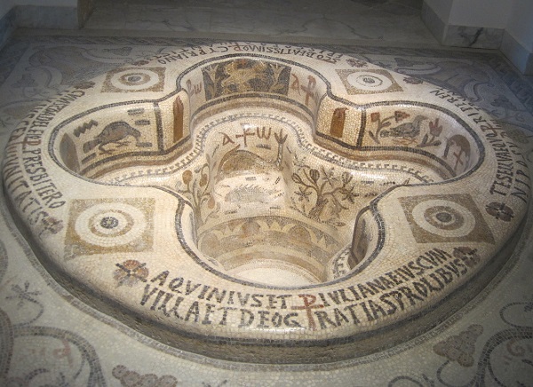 Baptismal font from a church in later sixth-century Clupea (modern Kélibia, Tunisia). Now in the Bardo Museum in Tunis.